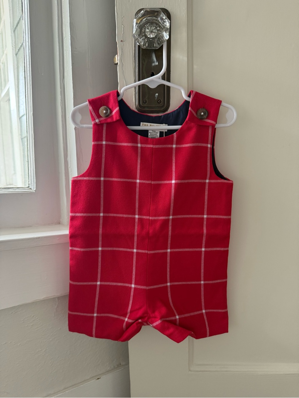 The Beaufort Bonnet Company Red Windowpane Romper with Navy lining